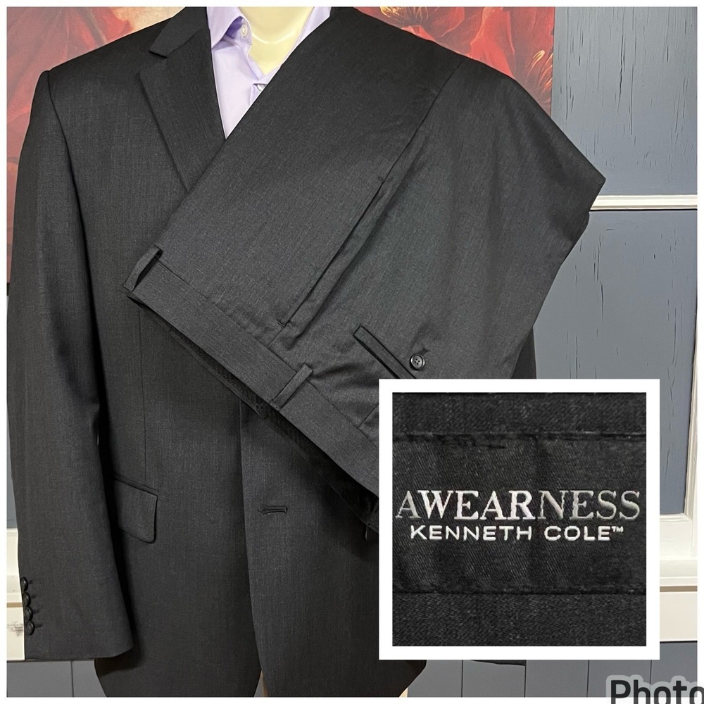 Kenneth Cole Suit Mens 46R Slim Fit Wool Pants 40x30 Dark Charcoal